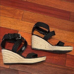 Stuart Weitzman Black and Tan Woven Wedges